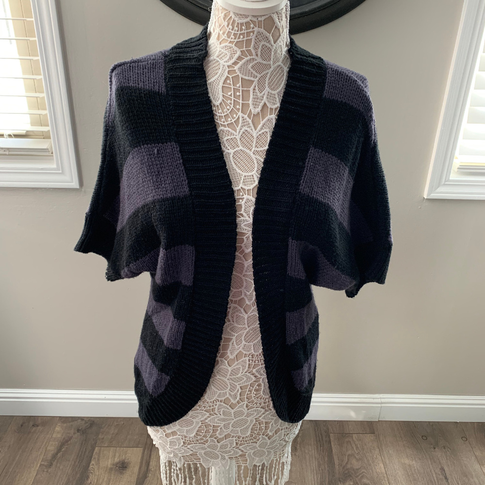 Dots Ladies Black & Gray Striped Knit Open Cardigan Size L